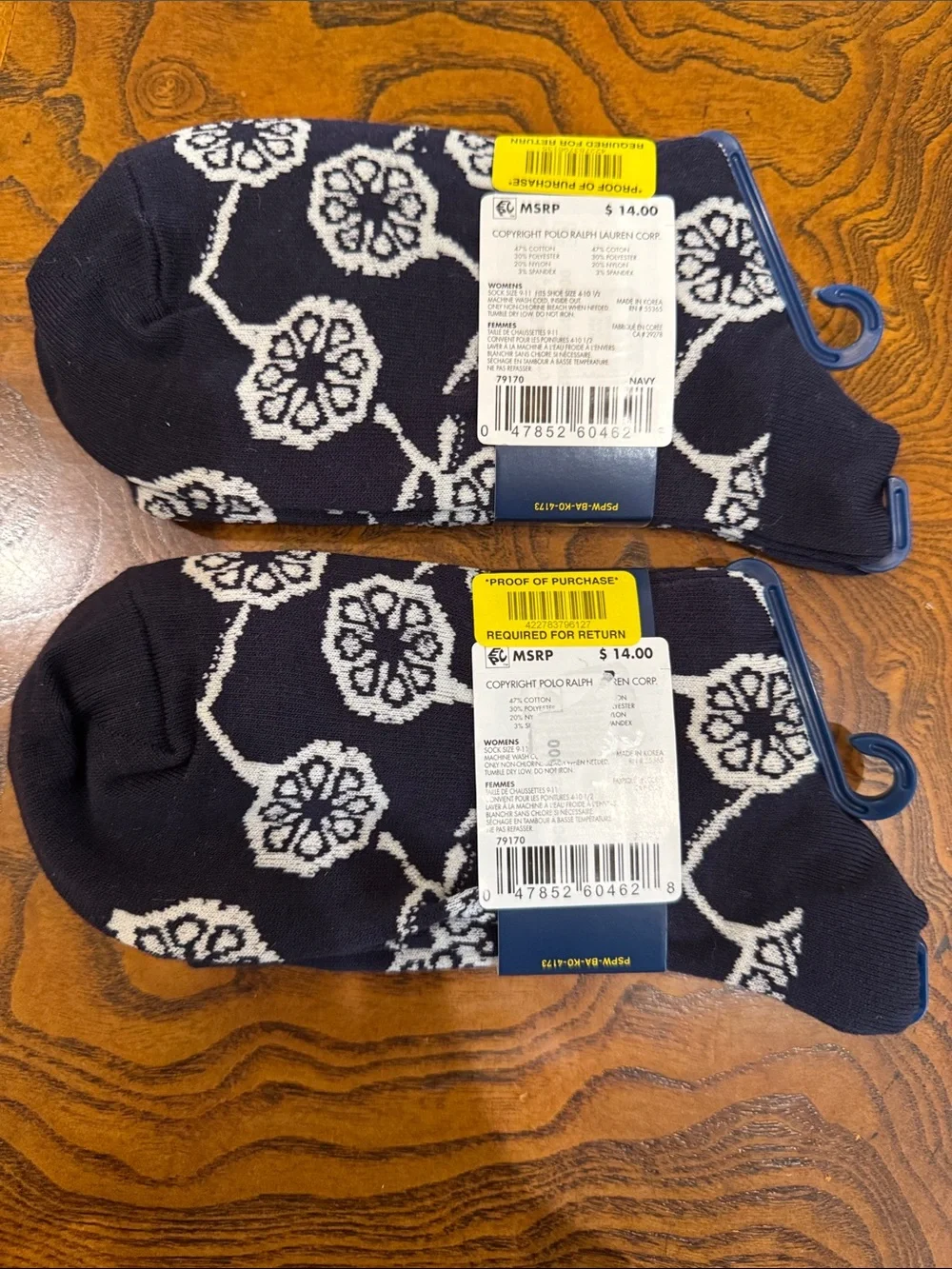 Polo by Ralph Lauren Navy Crew Socks with White Floral Motif